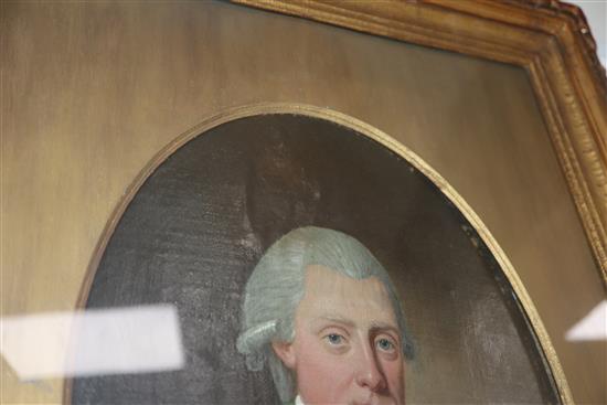 English School (late 18th century) Head and shoulder portrait of a gentleman wearing a powdered wig 12.25 x 9.25in.